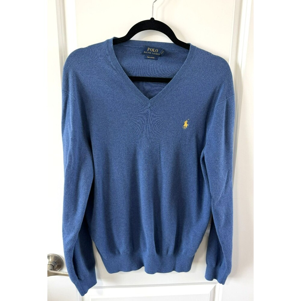 Polo By Ralph Lauren Sweater - Medium Blue yellow pony Pima Cotton